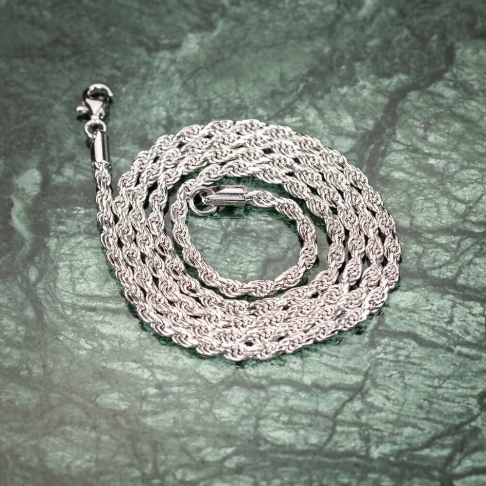 Solid White Gold Plated Heavy 925 Sterling Silver 3MM Twist Rope Chain Necklace - Picture 4 of 5